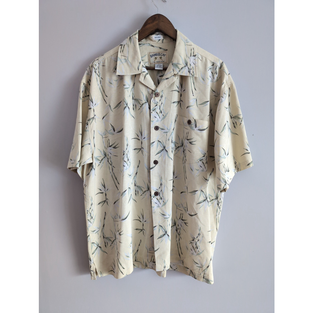 Bamboo Cay Silk light Yellow Hawaiian Shortsleeve Button Down Shirt Mens L Beach